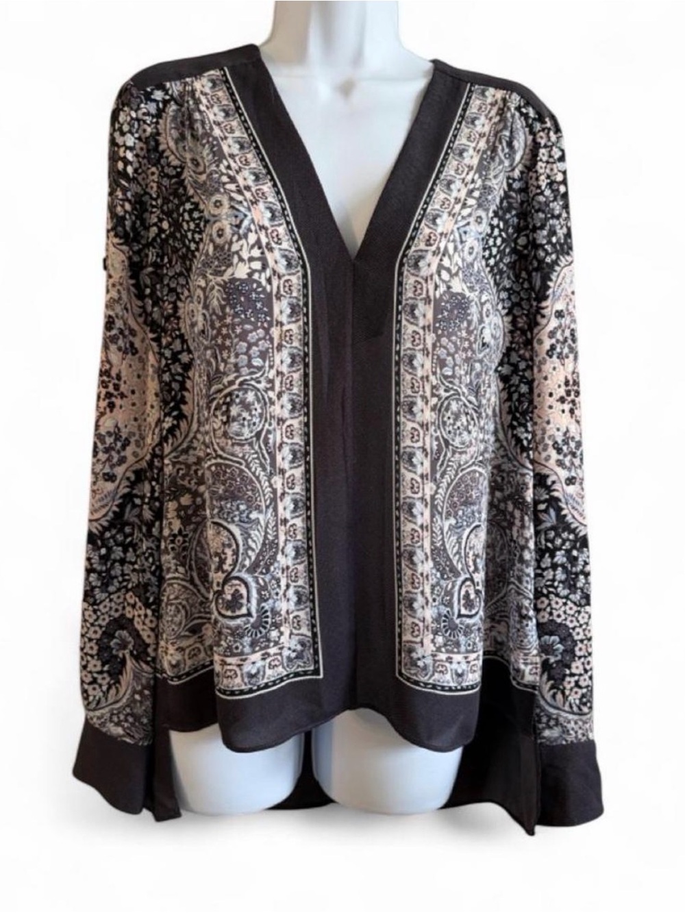 BCBGMaxAzria dark purple and Cream long sleeve V-Neck Tunic